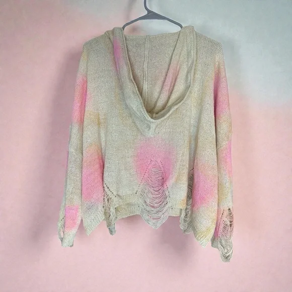 Pink and Cream boho women’s Sweater with hoodie - Picture 2 of 7